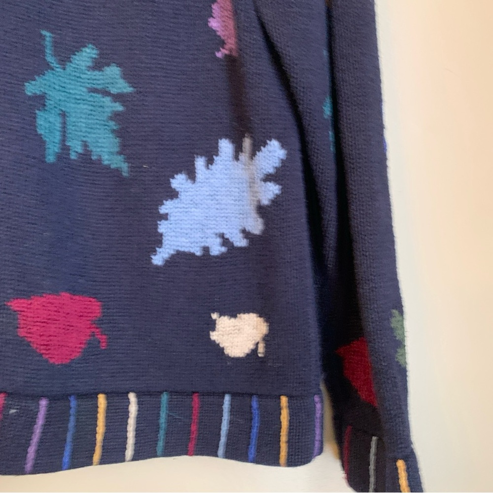 Vtg Christopher & Banks Fall Leaf Sweater Blue Hand Embroidered Knit Leaf Button - Picture 3 of 7